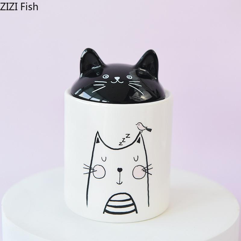 Cute Black Cat Decorative Jar and Lids Dressing Table Ring Necklace Jewelry Box Cosmetic Jar Ceramic Candy Pots Aroma Can