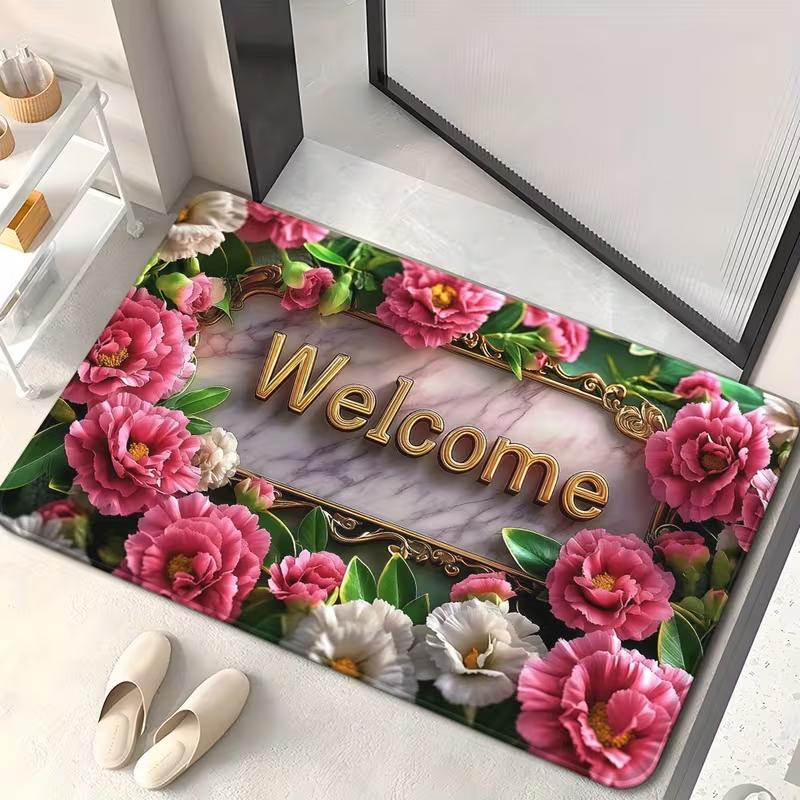 

Floral Welcome Doormat - Non-Slip Washable Polyester Mat with Pink & White Flowers for Bedroom, Living Room, or Entryway Decor 40cm x 60cm