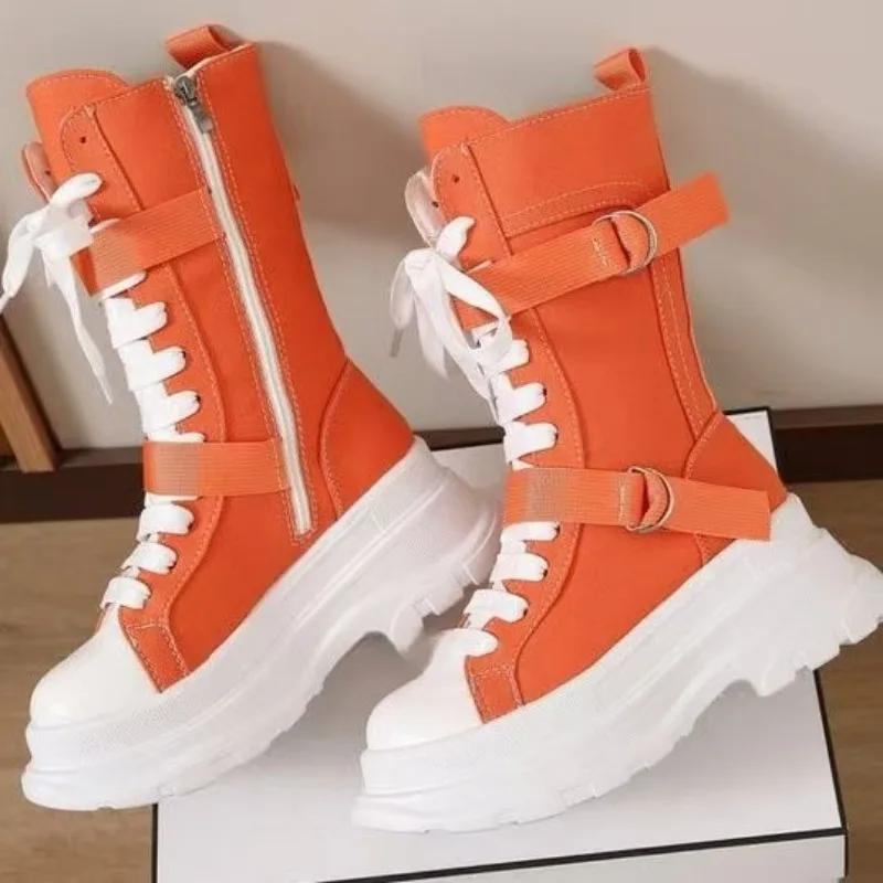 Spring and Autumn  Tall Sneakers Women Shoes Canvas Casual High Top Shoes Long Boots Lace-Up Zipper Comfortable Flat Boots