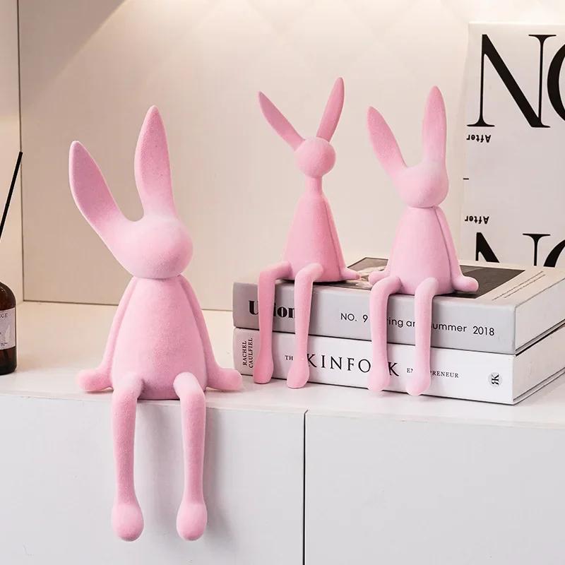 Resin Flocked Rabbit Statue Animal Sculpture Handmade Bunny Decor Cute Easter Gift Figurine Elegant Tabletop Ornament