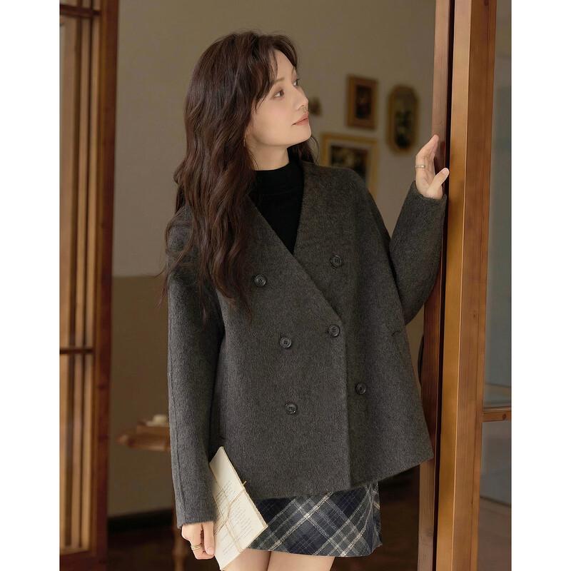 Women s V-neck Double-breasted Wool Blend Coat M