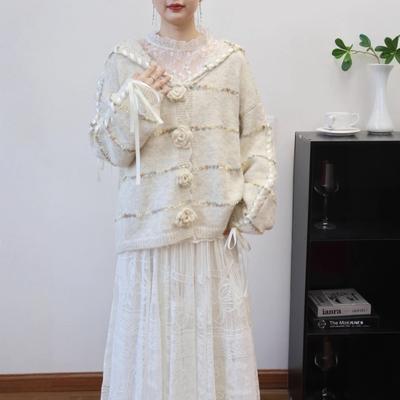 Autumn and Winter New Three-dimensional Flower Streamer Design Sense Knitted Cardigan Navy Collar Loose Sweater Jacket Women