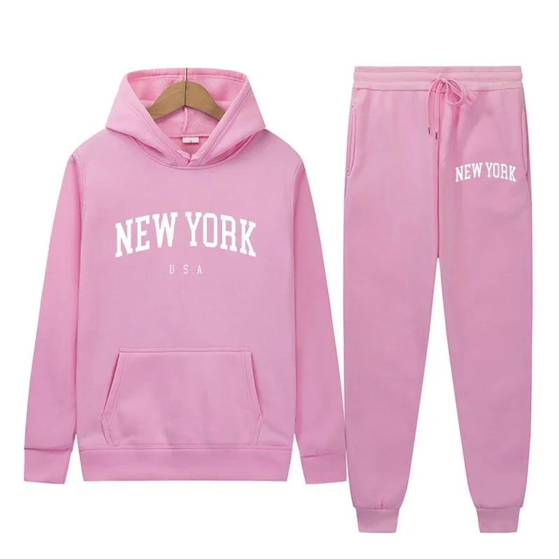 New York Letter USA City Hoodies + Hosen 2-teiliges Set Damenmode Sweatshirts Damen Casual Kapuzenpullover Sportwear-Anzug