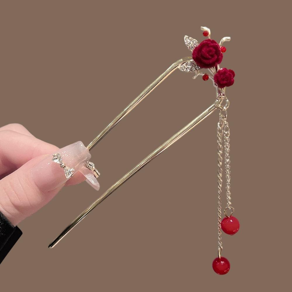 Elegant Red Velvet Rose Hair Stick with Golden Metal Frame Zircon Accent And Red Bead Tassel Retro Hanfu Style Hair Accessory