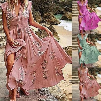 Damen Böhmisch Sommer Blumen Lässig Locker Lang Maxi Kleid Strand Swing Kurzarm