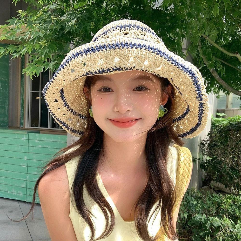 Summer Weave Crochet Hat Beach Fisherman Caps Korean Straw Bucket Cap  Outdoor