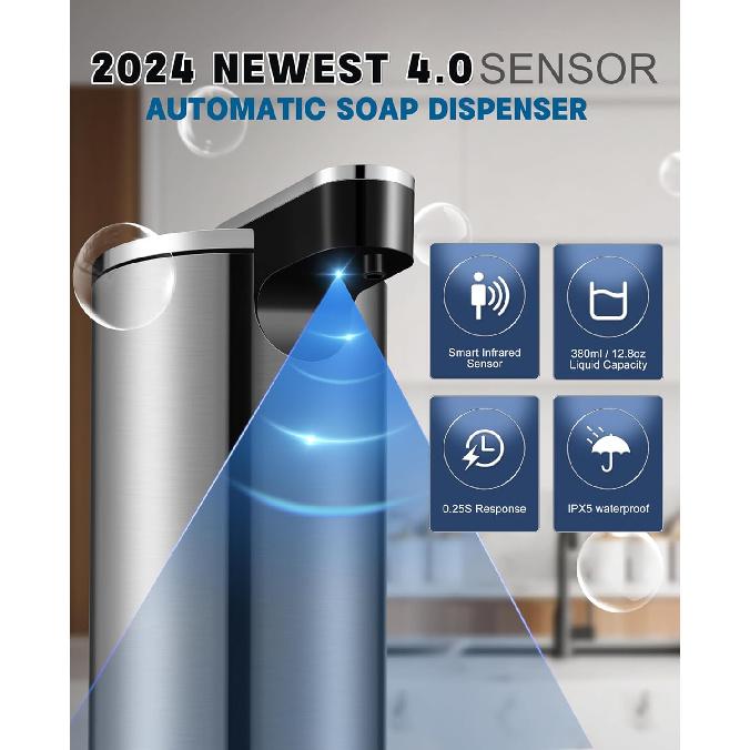 Automatic Soap Dispenser, 13.5oz/400ml Stainless Steel Touchless Soap Dispenser Liquid, 3 Levels Adjustable Infrared Sensor Free Hand Electric Dish