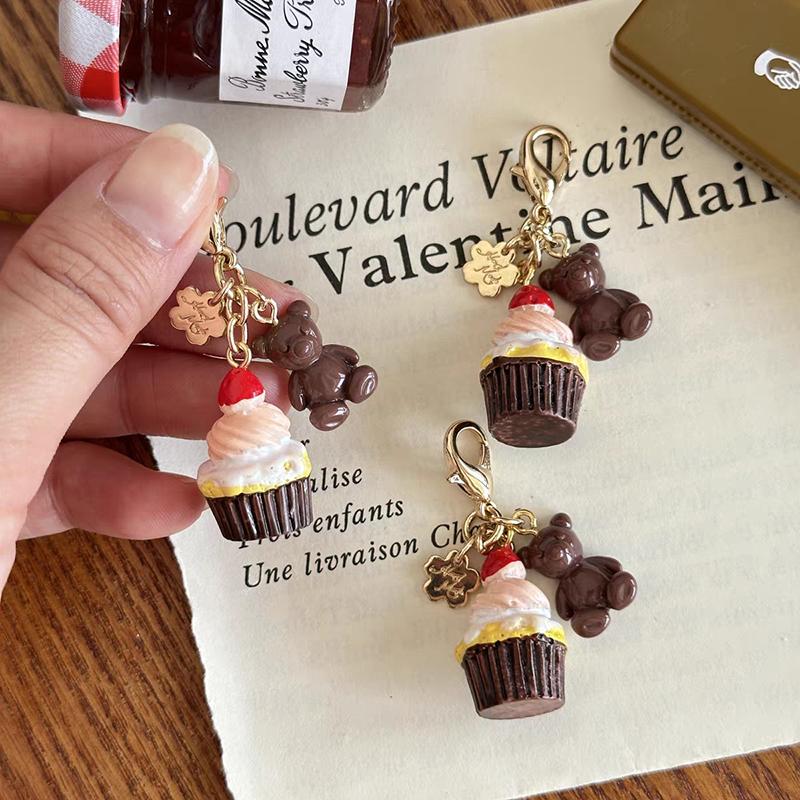 

Кавайный шоколадный мишка, клубничный торт, брелок, креативный милый брелок для еды, держатель для ключей от машины, подвеска для сумки, украшение, подарки для девочки