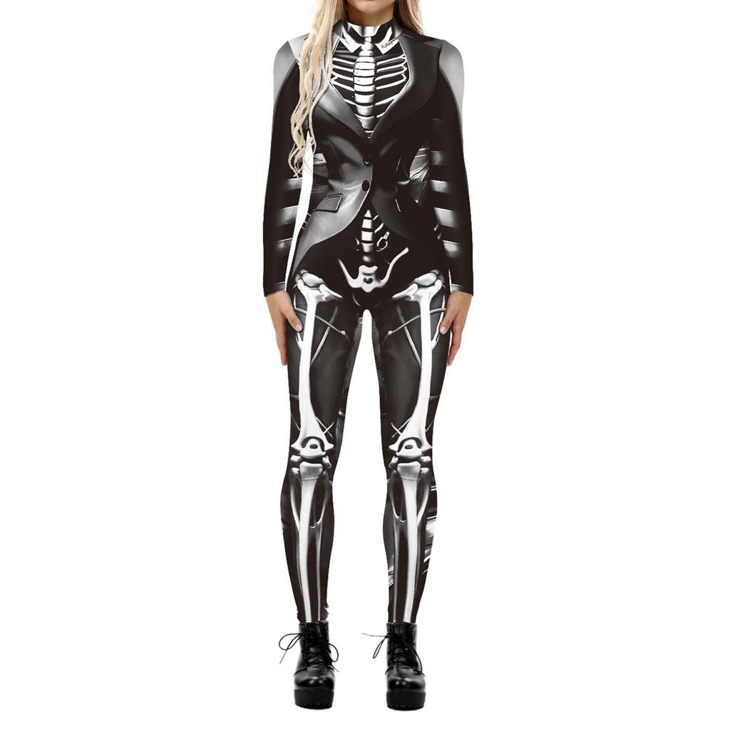 Women's Halloween Cosplay Casual Digital Print Cosplay Costume Long Sleeved Tight Jumpsuit Performance Clothes