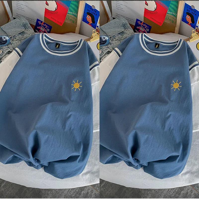 Tops Frauen Baumwolle Sommer Rundhals T-shirt kurzarm Lose Gedruckt Gefälschte Zwei Lose Bequeme Tops