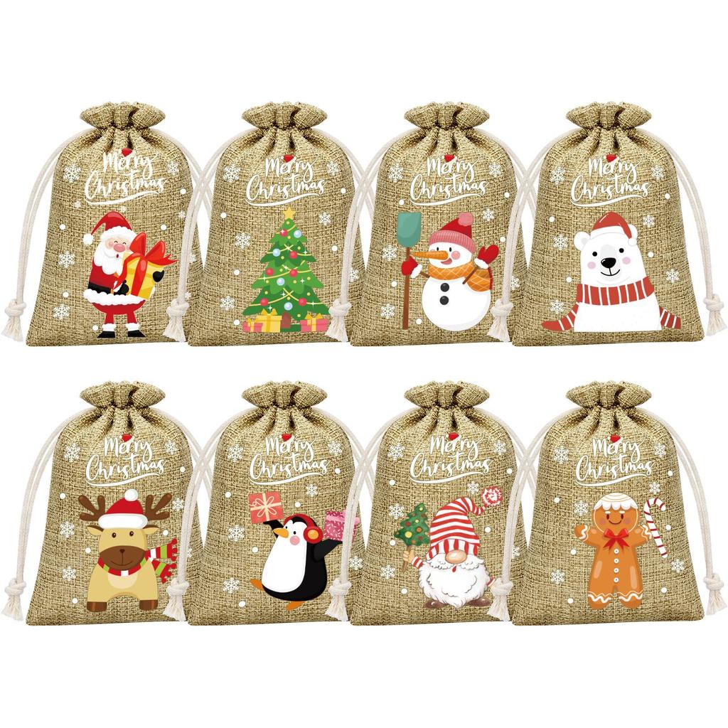 8/32pcs Christmas Burlap Gift Bags with Drawstring - Festive Linen Holiday Party Favors, Small Jute Bags for Gift Wrapping