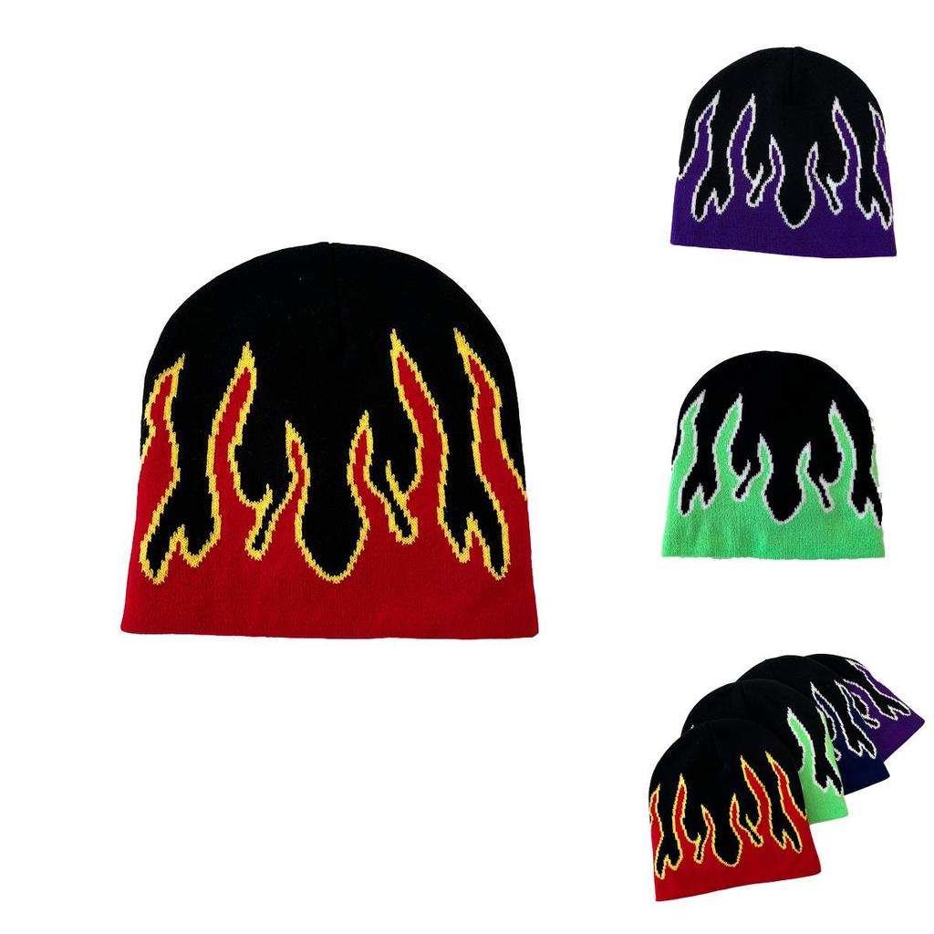 Punk Knitted Hat For Men With Flame Design And Letter Embellishments For Streetwear And Winter Warmth