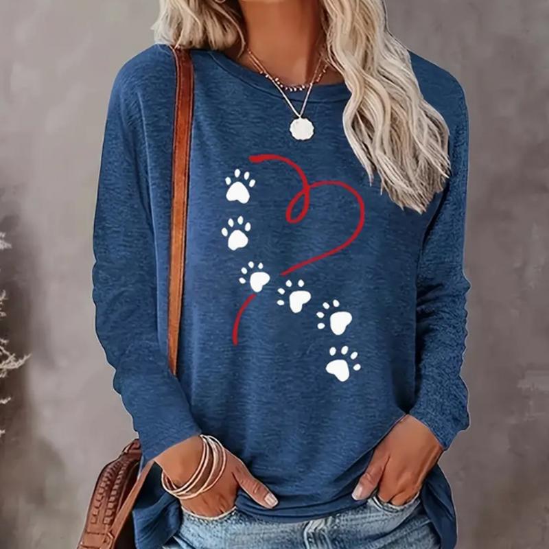 Toppar för kvinnor med tryck av hjärta och fotspår, rundhalsad långärmad t-shirt, höst, casual, smal pullover, långärmad topp för kvinnor