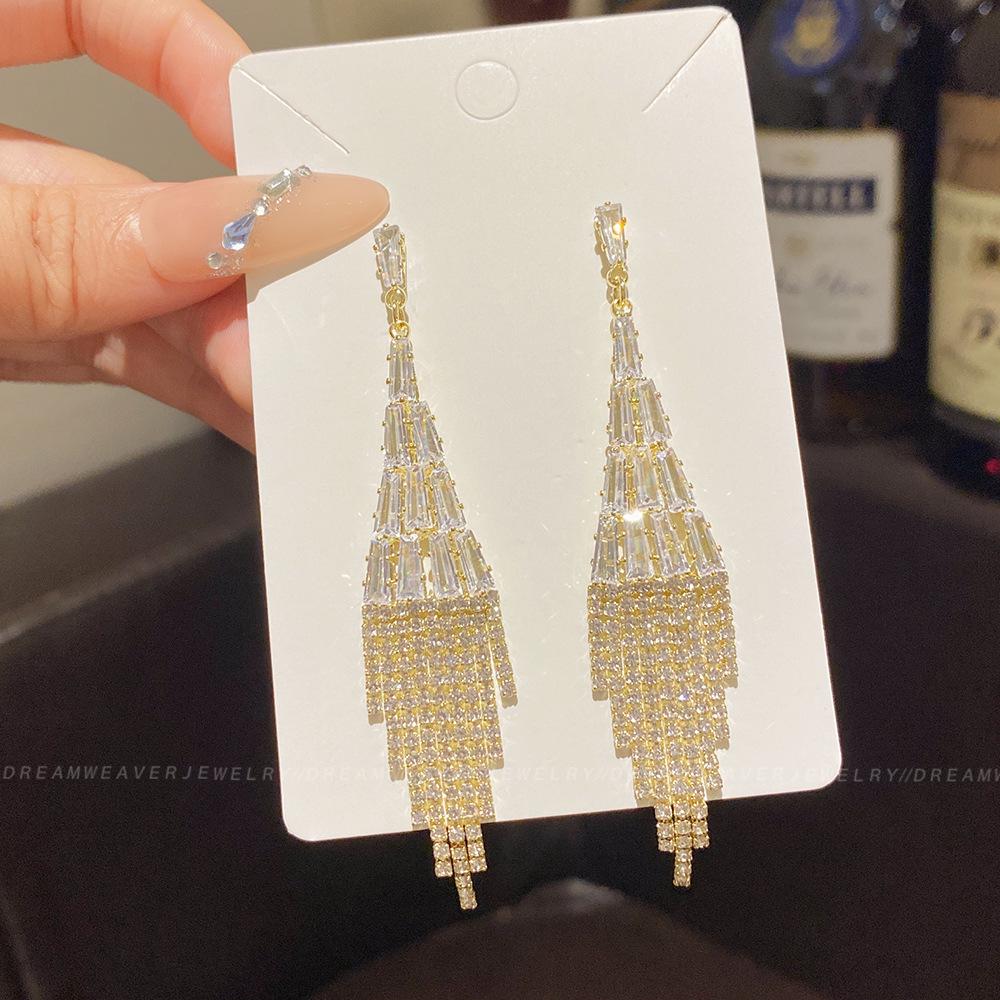 925 Sterling Silver Full Diamond Tassel Earrings – High-End European & American Style, Super Shiny, Luxurious Ear Jewelry for Women.