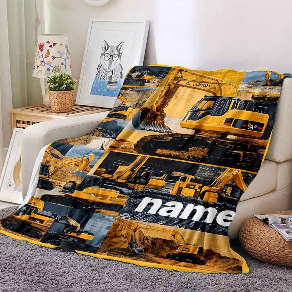 Excavator Collage Lightweight Personalized Blanket Customize Text Durable Comfort Great For Sofa Couch Office Bed Picnics All Season Use Versatile