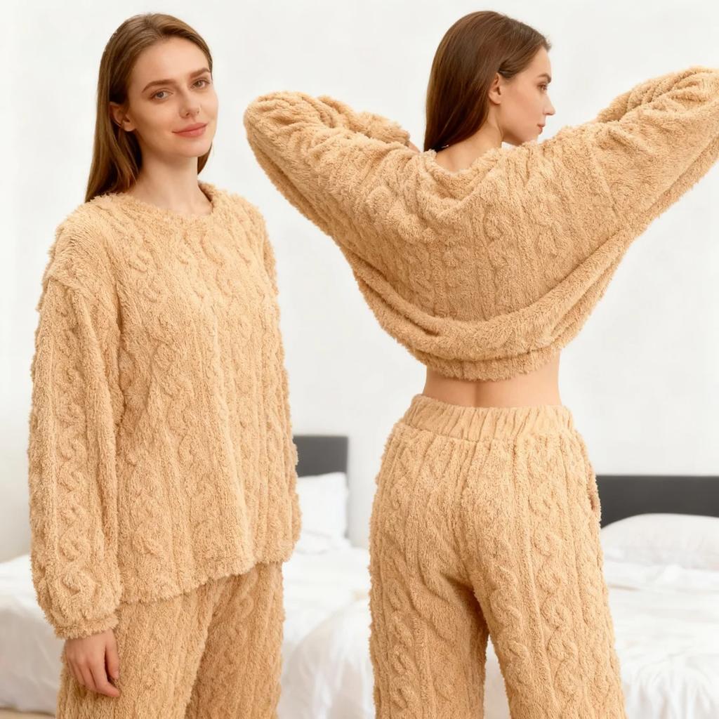 Autumn Women Solid Warm 2 Piece Sets Thicken Velvet Ribbed Fleece Set Pullover and Pants Women Casual Pajama Sets