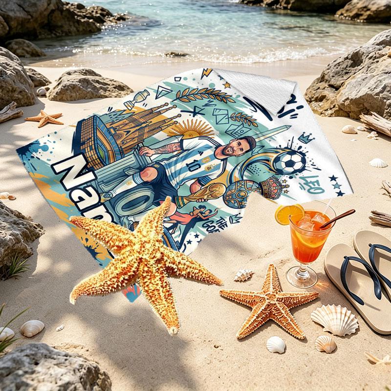 Serviette de plage personnalisée avec nom, impression Leo Messi, pour voyage, camping, fête à la plage, décoration intérieure, cadeau d'anniversaire pour la famille et les amis