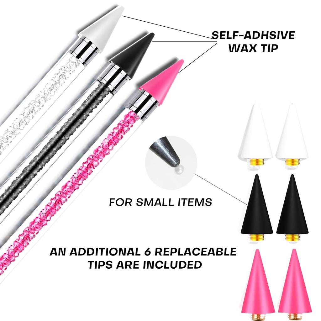 Diamond Painting Wax Picker Pen with 6 Replaceable Tips Crystal Handle Double End Rhinestone Pickup Tool for Nail Art Beads Gems DIY Crafts