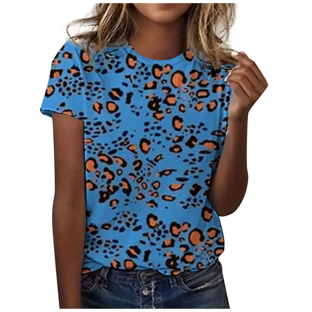 Summer Women's Classic Versatile T-Shirt, Stylish Short-Sleeve Leopard Print Color Block Casual Crew Neck T-Shirt