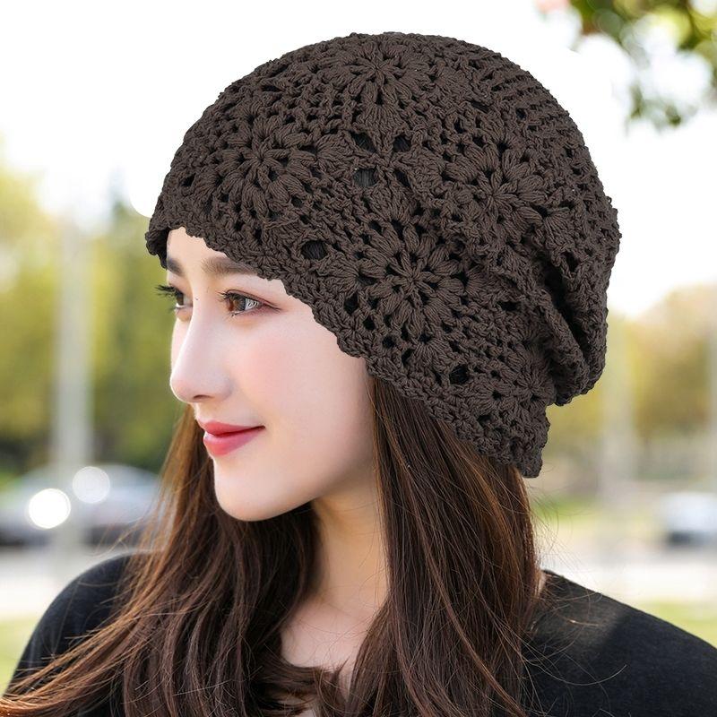 

Женская тонкая однослойная шапка-бини ручной вязки с цветком, шапка-бини с сетчатым узором, полая повязка на голову, шапка для маскировки выпадения волос