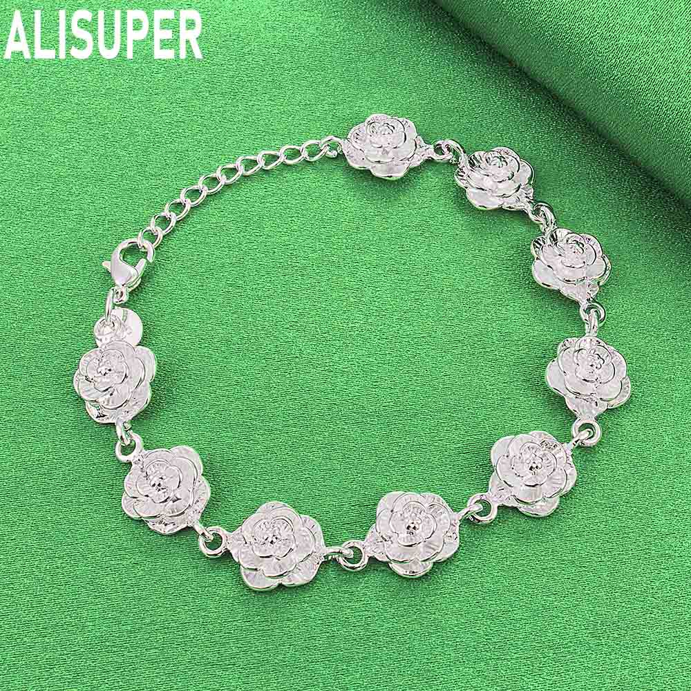 925 Sterling Silver Exquisite 3D Relief Rose Bracelet - Charming Gift Jewelry