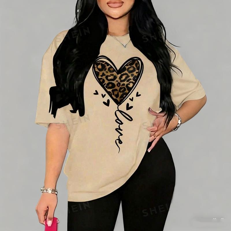 Women Summer Tee Leopard Love Heart Printed T Shirt - Fashion Short Sleeve Top