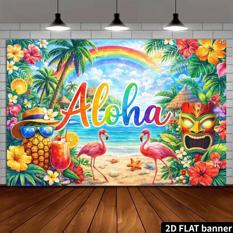 2D Summer Hawaii Aloha Tiki Mask & Flower Photo Booth Background
