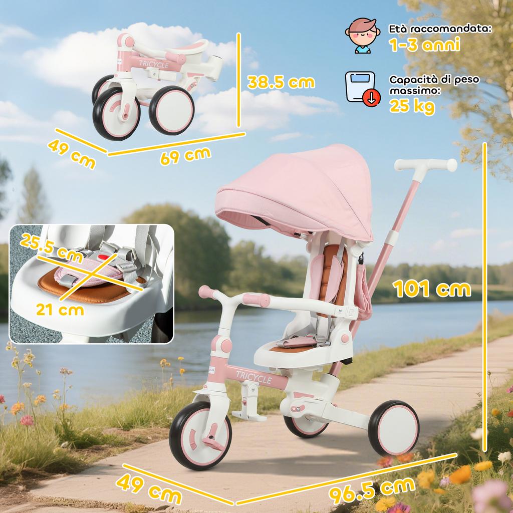 5-in-1 Children's Tricycle, Push Handle, Removable Cover, 96.5x49x101 cm, Pink