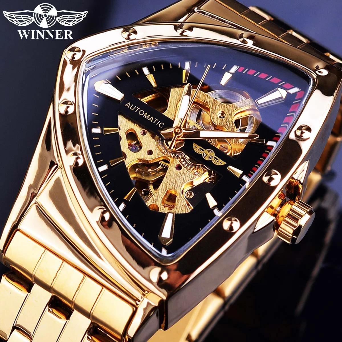 Fashion Accessorie Men's Gold/Black Winner Style Fashion Casual Hollow Triangle, Automatic Mechanical Watch