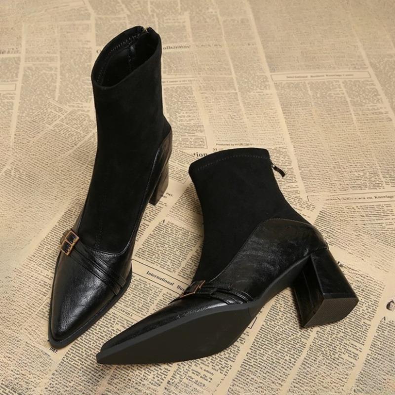Metal Belt Buckle Spliced Suede Block Heel Single Boots Women's Fashion Pointed Toe Rear Zip Shortho Boots