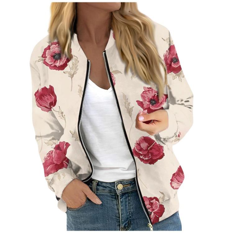 Women Floral Leaf Print Casual Long Sleeve Zipper Jacket Round Neck Fashionable