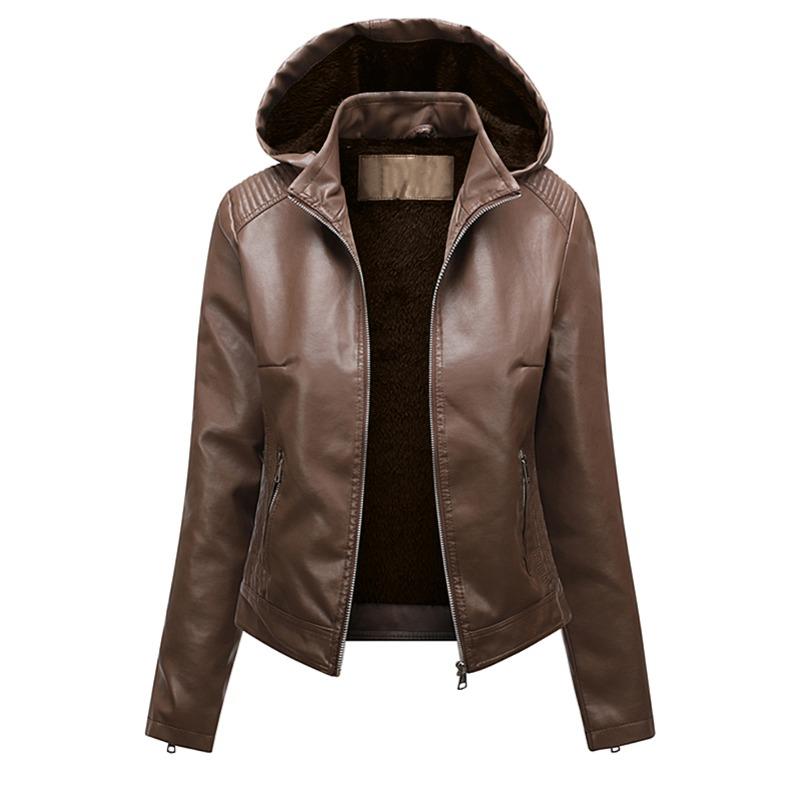 Giacca Invernale con Cappuccio in Ecopelle da Donna Taglie Forti Moda Slim Fit Caldo Cappotto