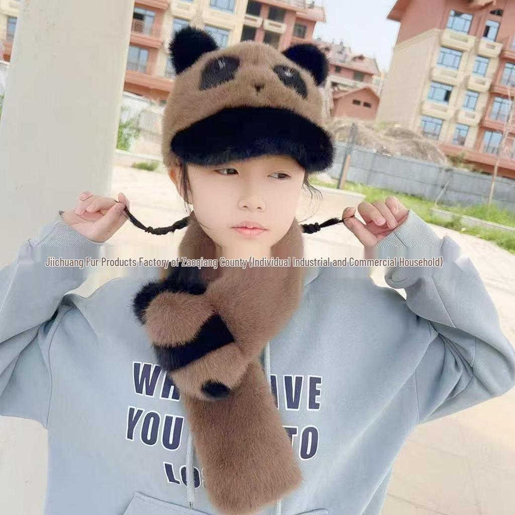 Cozy Panda-Style Faux Mink Fur Hat with Ear Protection and Scarf for Autumn/Winter