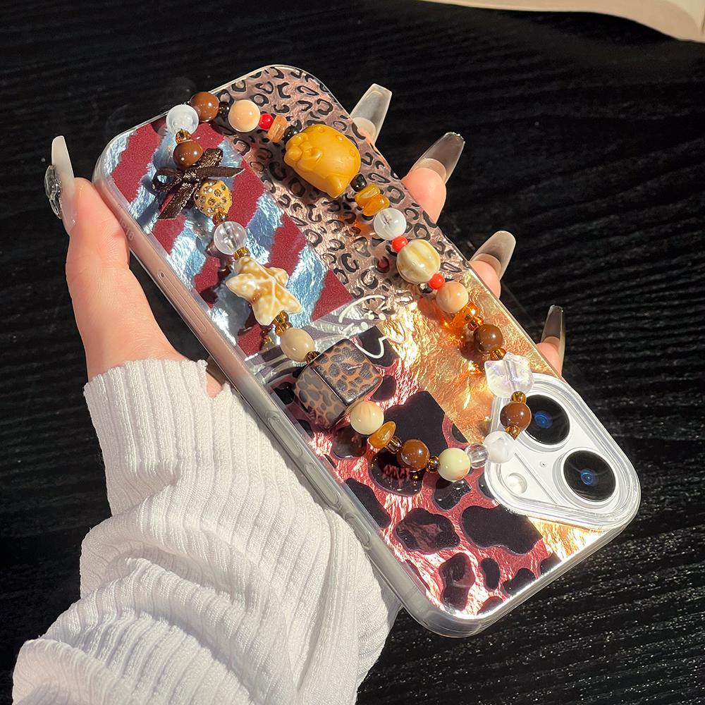 Bracelet Chain Painted Phone Case For iPhone 16 11 12 13 14 for 12 14 16 Pro 14 16 Pro Max Cute Pattern Hard Cover With Lanyard