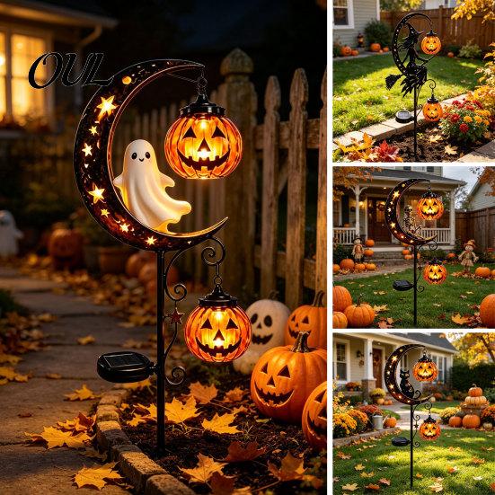 Dekorative Metall-Gartenstäbe Solar Halloween Gartenstecker-Licht, Automatisches Ein-/Ausschalten Halbmond Schwarze Katze mit Hängenden Gruseligen Außen-Terrassen-Akzenten Kürbis
