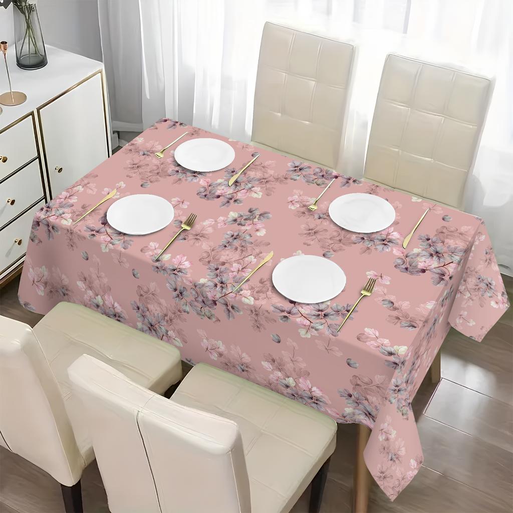1pc, Pastoral Floral Print Tablecloth, Polyester Material, Dirty Pink Base, Full Print Gray-Purple And Light Pink Interwoven Scattered Flowers Pattern