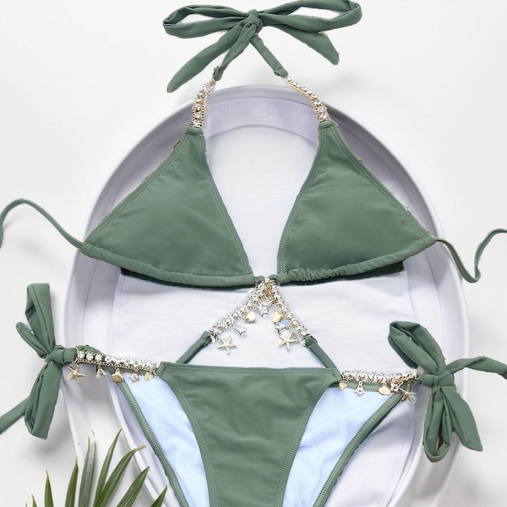 Women’s Fashion Cross-Strap Rhinestone Tankini Bathing Suit Tie Side Bikini Swimsuit, Sexy Two-Piece Swimwear