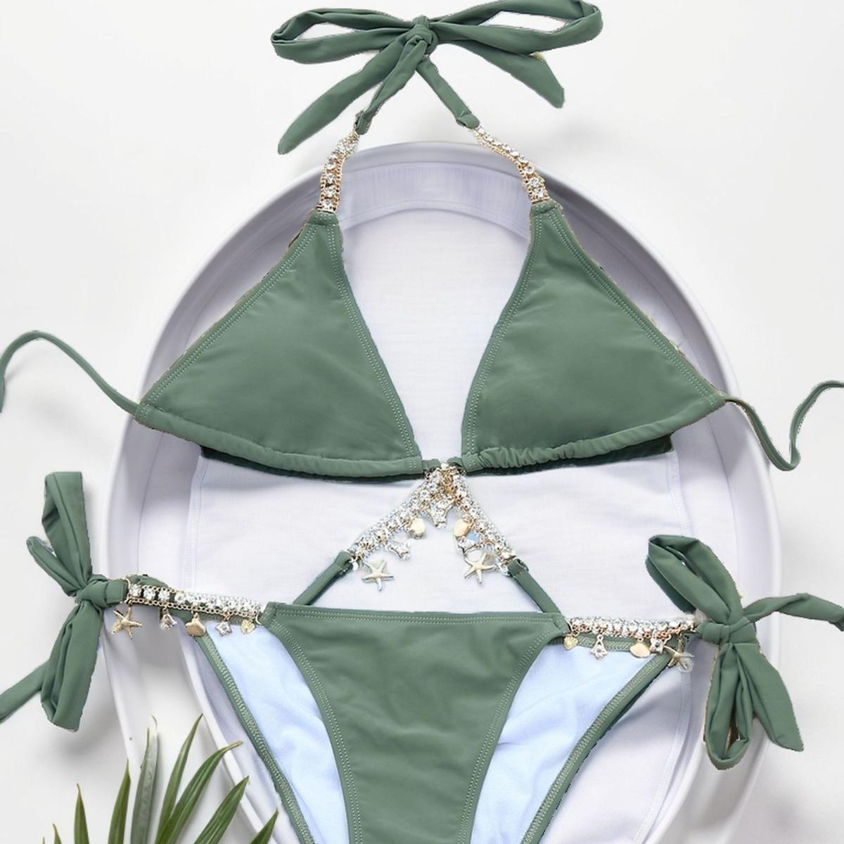 

Women’s Fashion Cross-Strap Rhinestone Tankini Bathing Suit Tie Side Bikini Swimsuit, Sexy Two-Piece Swimwear L армія зелений колір
