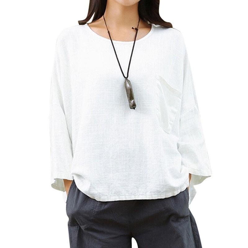 Vintage Women 34 Sleeve O Neck Cotton Linen Loose Casual Shirt Top Blouse
