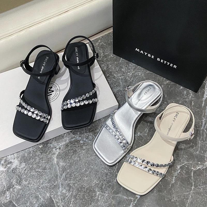 Fashion 2025 New Shiny Crystal Slippers Women's Luxury Rhinestone Mid Heel Sandals  Strange Heel Lace Up Summer