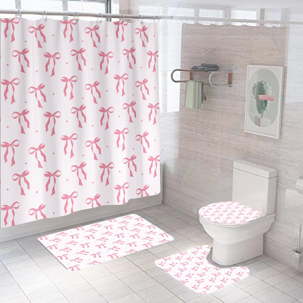 Pink Bow Shower Curtain Polyester Waterproof Fashion 1pc/3pcs/4pcs Bathroom Floor Mat Toilet Set Bath Accessories Mildew Proof