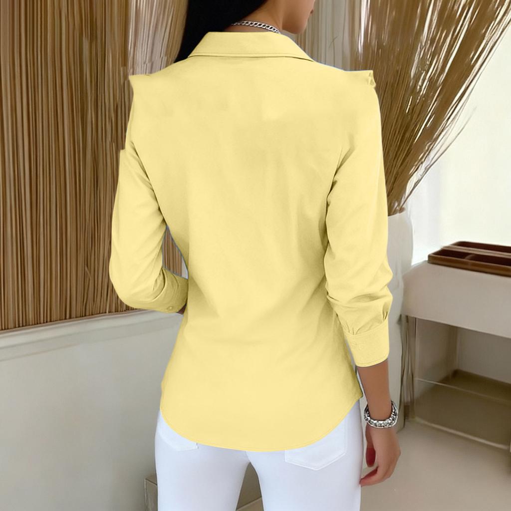 Women's Color Shirt Collar Long Sleeve Casual Loose Flared Cotton Linen Top