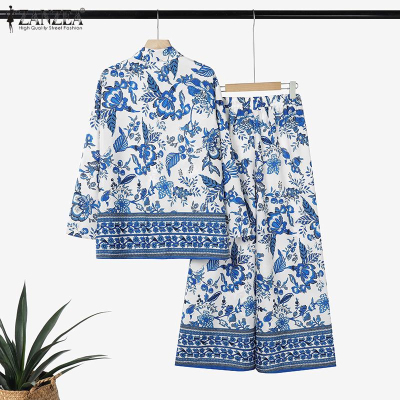 ZANZEA Damen Langarmbluse und Hose Lässiger Print Zweiteilige Anzugsets