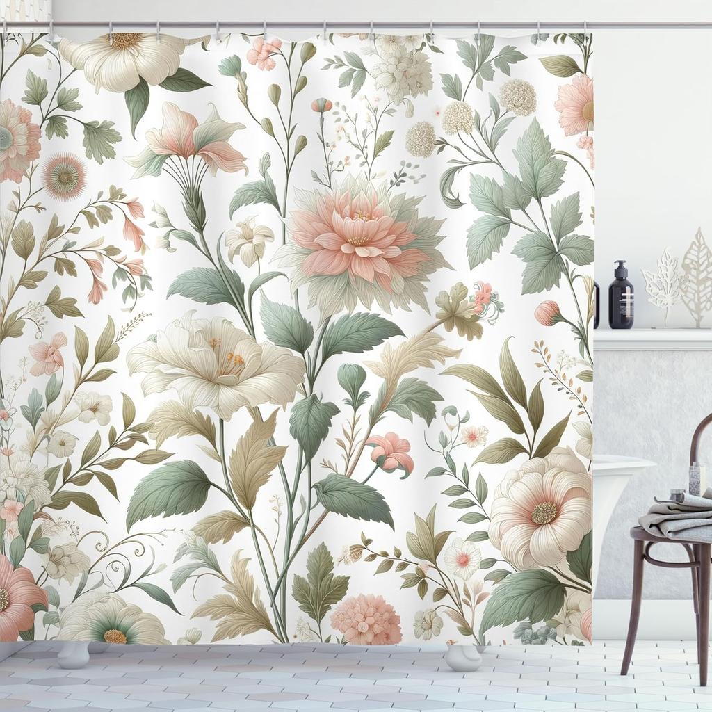 Green Shower Curtain, Delicate Springtime Nostalgic Peony Flowers And Tender Leaves Farmhouse, Cloth Fabric Bathroom D
