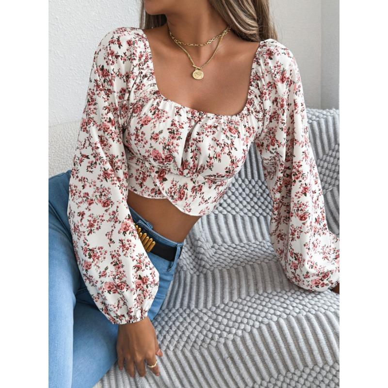 

Early Autumn Floral Lantern Sleeve, Tie, Cinched Waist, Crop Top for Women XL