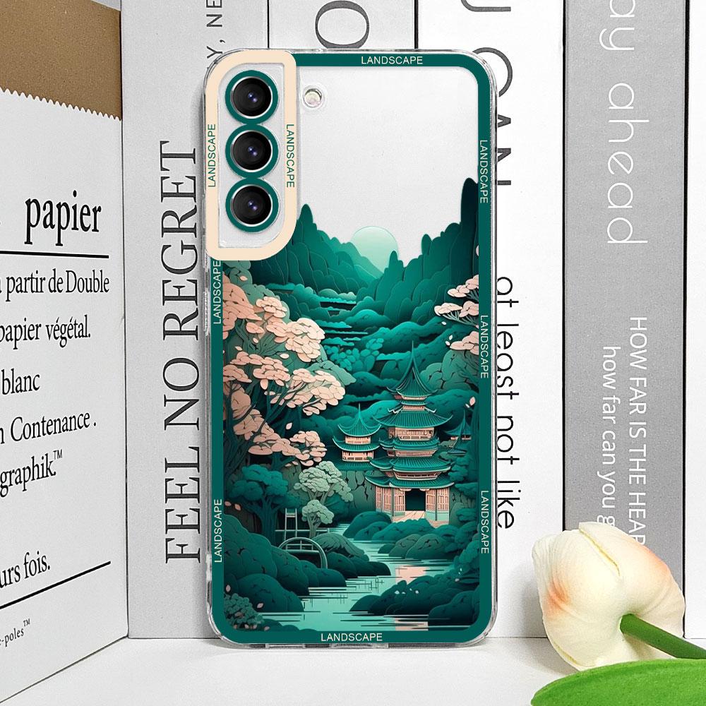 Retro Japoński Pejzaż Fale Etui na Telefon dla Samsung Galaxy S22 S23 S20 FE S24 S25 Ultra S21 Plus Estetyczny Krajobraz Miękki Pokrowiec