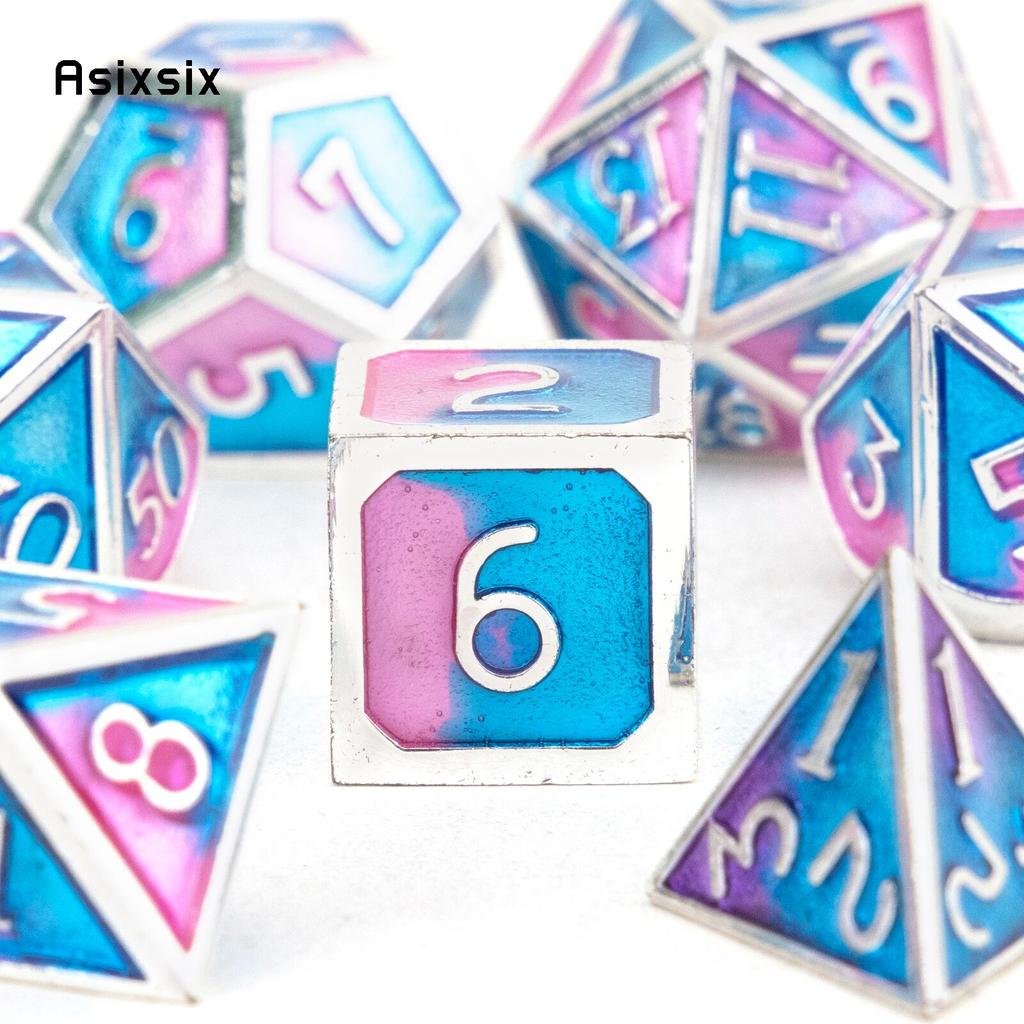 7 Pcs Blue Pink Standard Metal Dice Solid Metal Polyhedral Dice Set Suitable for Role-Playing RPG  Board Game Card Game