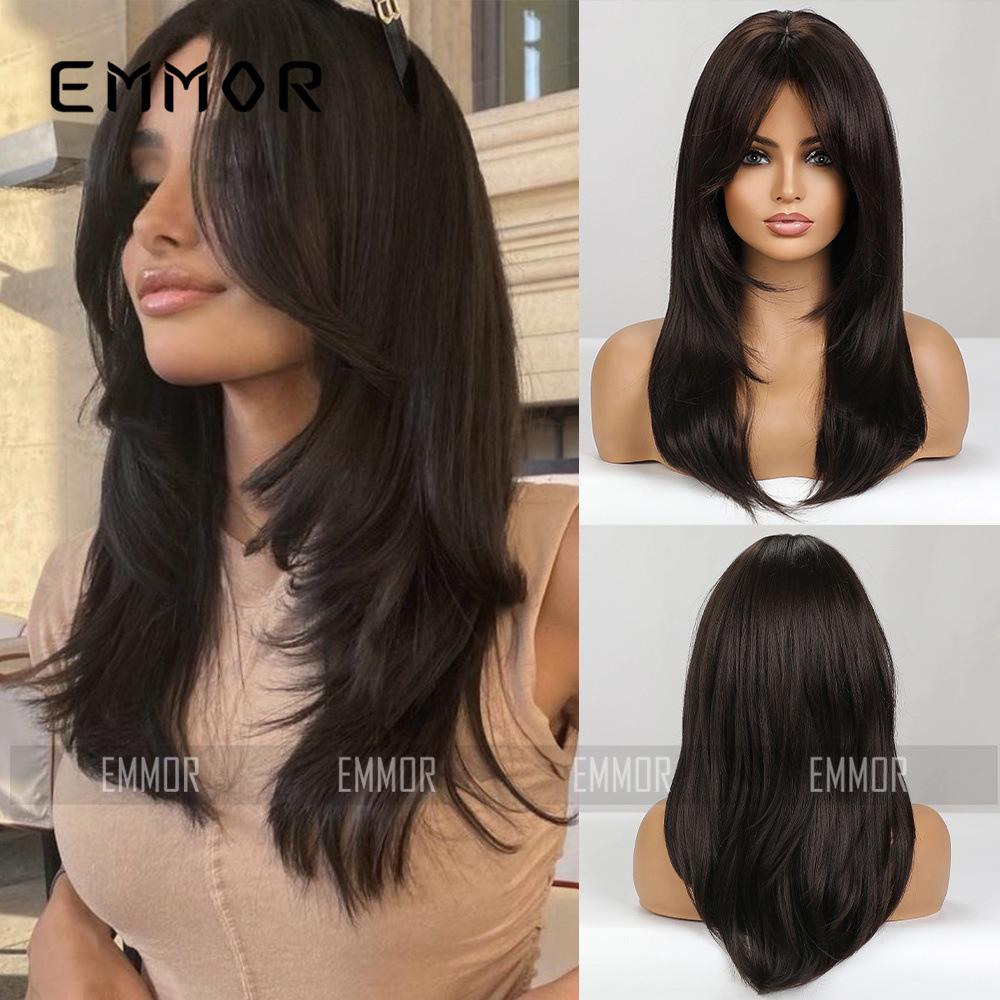Natural Black Medium-Length Curly Wig with Bangs - European and American Style