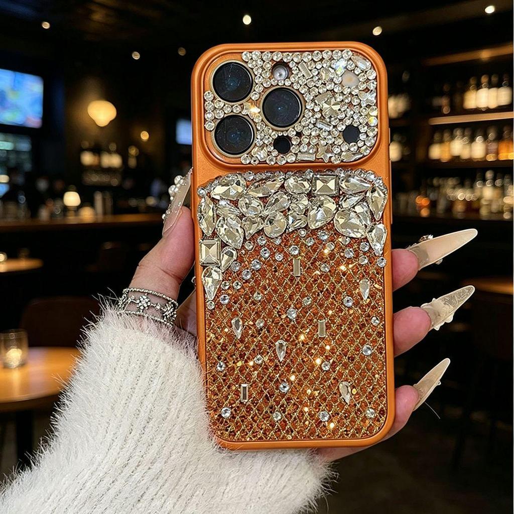 Luxury Leather iPhone 15 Pro Max Case with Hand-Set Rhinestones for Women