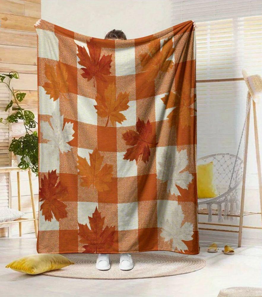 1 Stück Herbst Erntedankfest Orange Karierte Ahornblatt Decke, Warmer Fleece Überwurf, Ideale Festliche Dekoration für Thanksgiving & Herbst